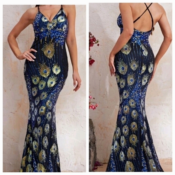 Multicolor Graphic Crisscross Cami Backless Contrast Sequined Mermaid Ma… - Picture 1 of 10